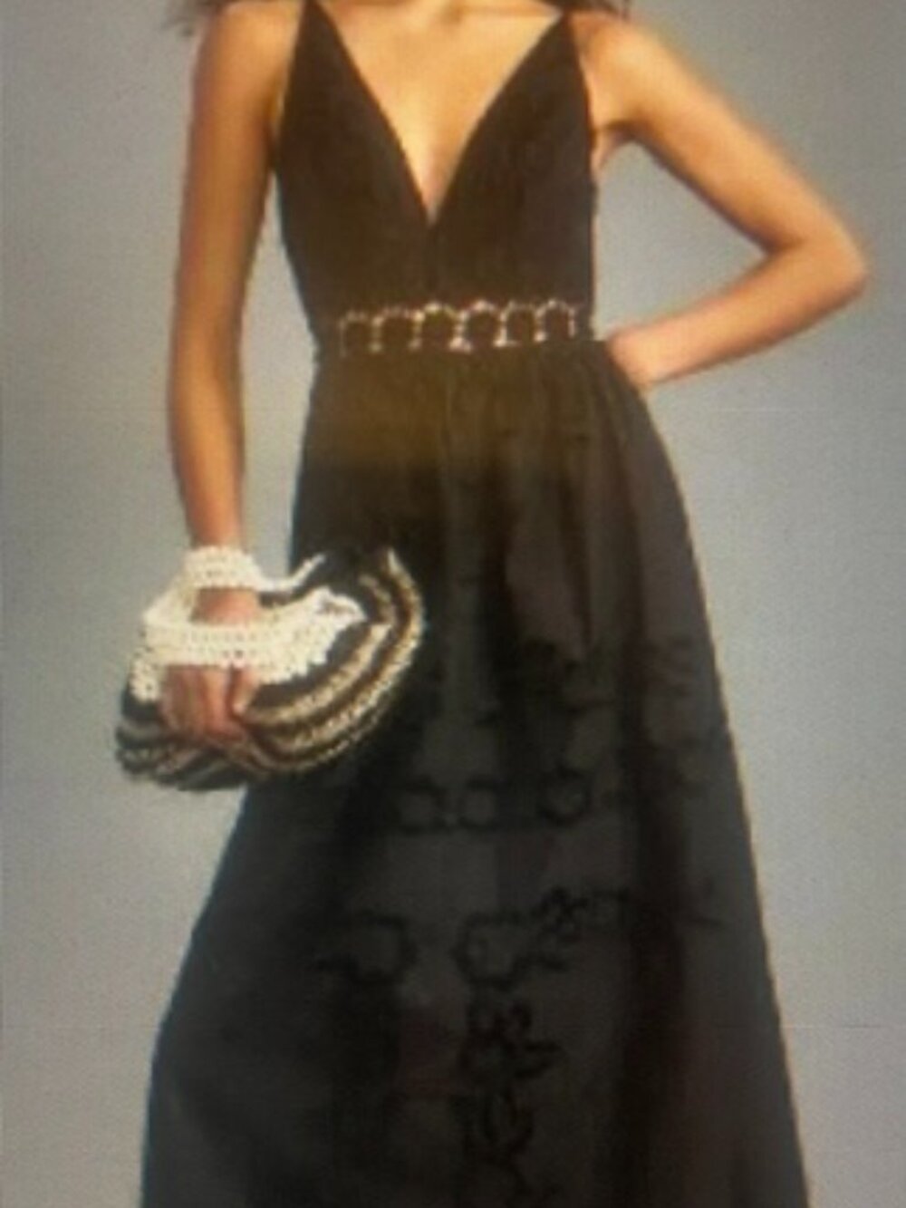 Vineet Bahl Lush Black V-Neck Floral Cutwork Elastic Back Strap Midi Dress NEW